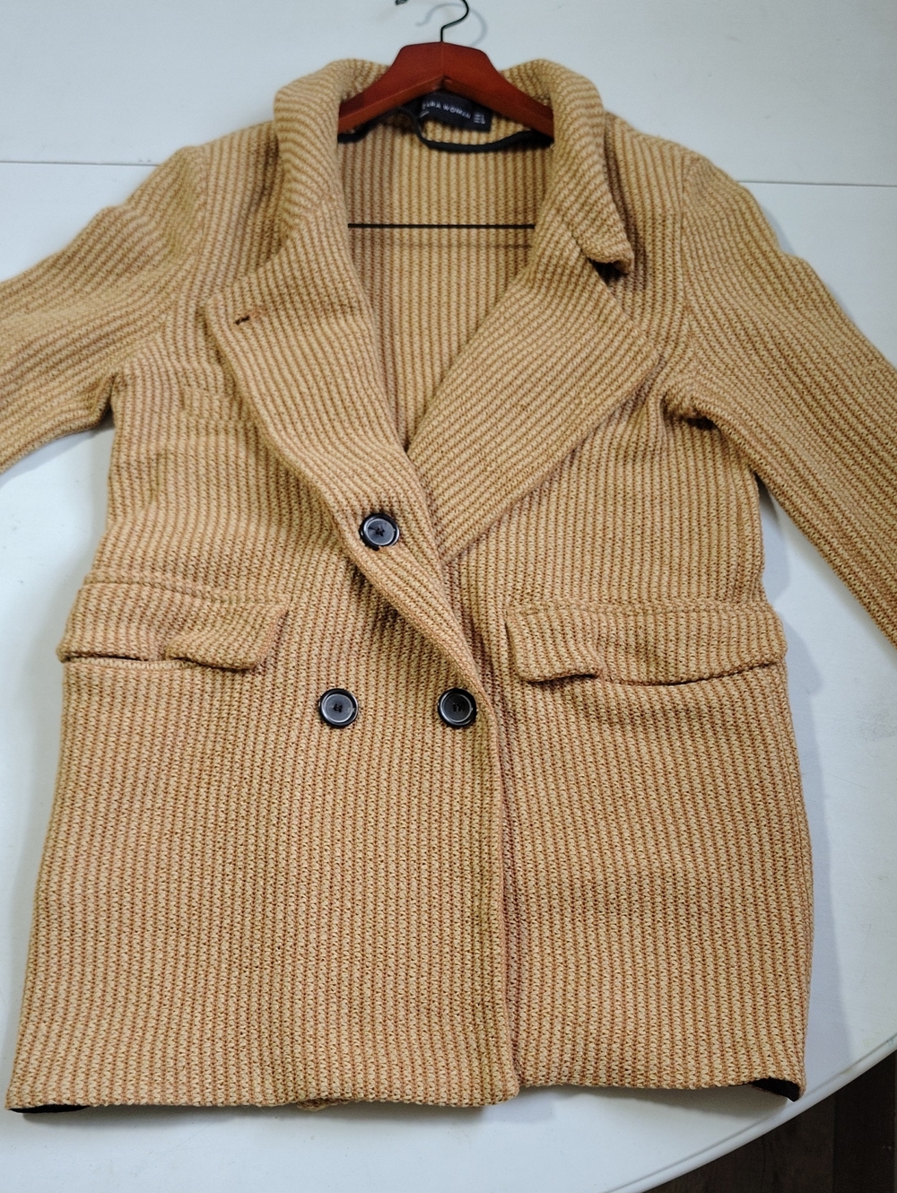 Zara Crochet Raffia Double Breasted Blazer Jacket Size S Classic Old Money Tan
